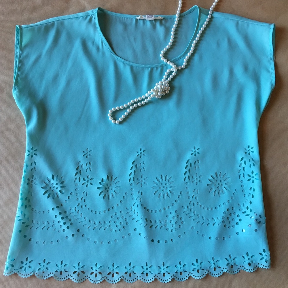Green Turquoise Sheer Cut-Out Short Sleeve Top